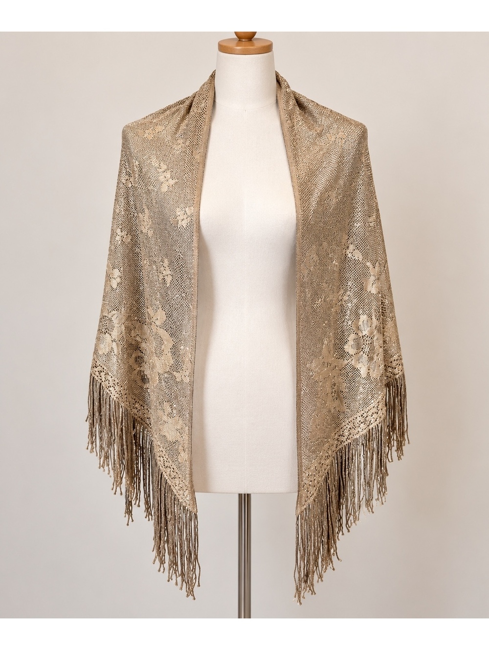 Gold Metallic Floral Lace Triangle Shawl Wrap Fringe Boho Evening OS